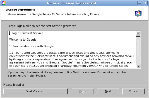 Picasa licence agreement