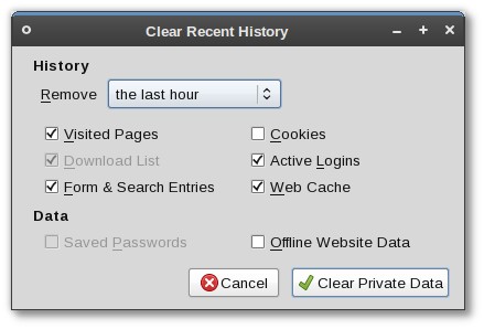 Clear Recent History dialog