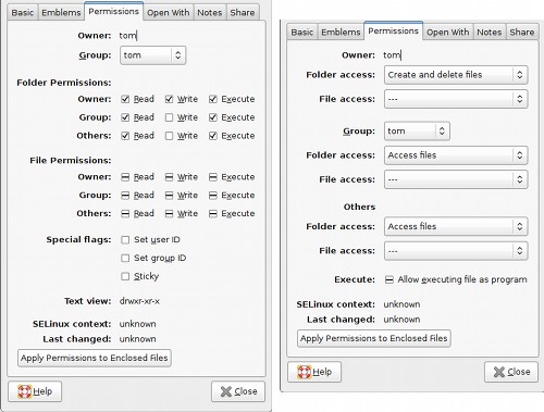Advanced and simple file permission dialogs