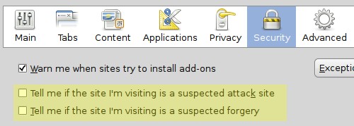 uncheck the two boxes for attack site and forgery
warnings