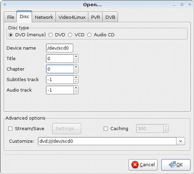VLC disk dialog